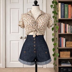 Gracia Dark Denim Button-Front High-Waist Shorts. These run a tad small